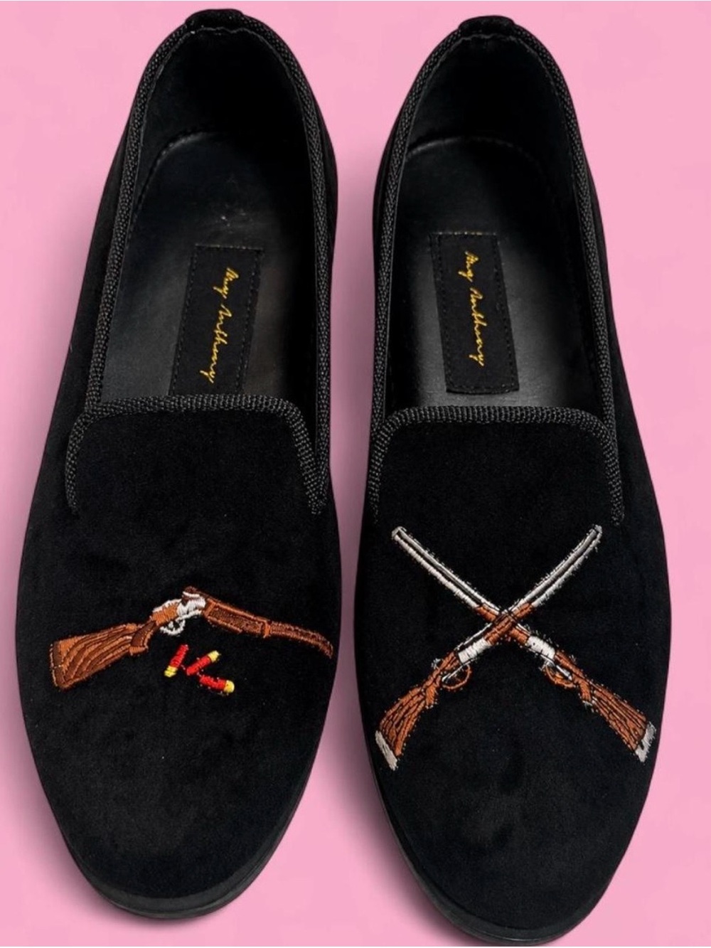 May Anthony Black Velvet Embroidered Shotgun Smoking Slippers Loafers